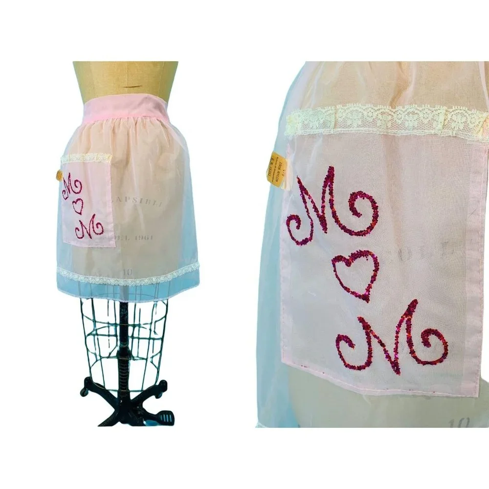Vintage 1950s Apron Sheer Pink M Loves M Glitter Initial Nylon